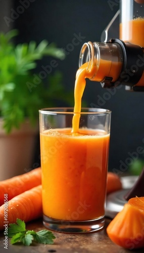 Freshly juiced carrots, vibrant orange liquid pouring from a juicer into a glass Healthy, delicious, and nutritious Perfect for a healthy lifestyle , vitality, food, natural