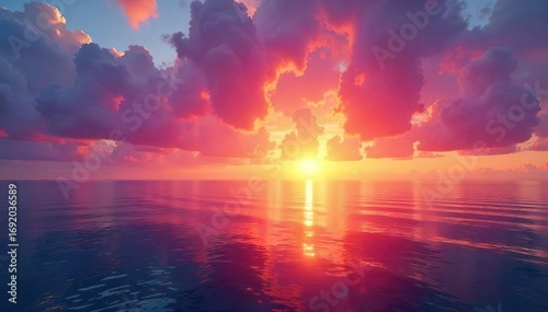 Breathtaking Golden Sunrise Paints Vibrant Ocean Sky with Orange, Pink, and Purple Hues Reflecting on Calm Water, Serene Seascape at Dawn