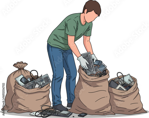 Person sorting electronic waste into bags for recycling 1.