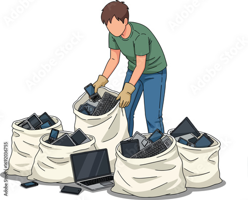 Person sorting electronic waste into bags for recycling.