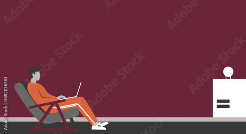Man comfortably working on a laptop at home, illustrating remote work, freelance lifestyle, or online learning in a relaxed setting.
