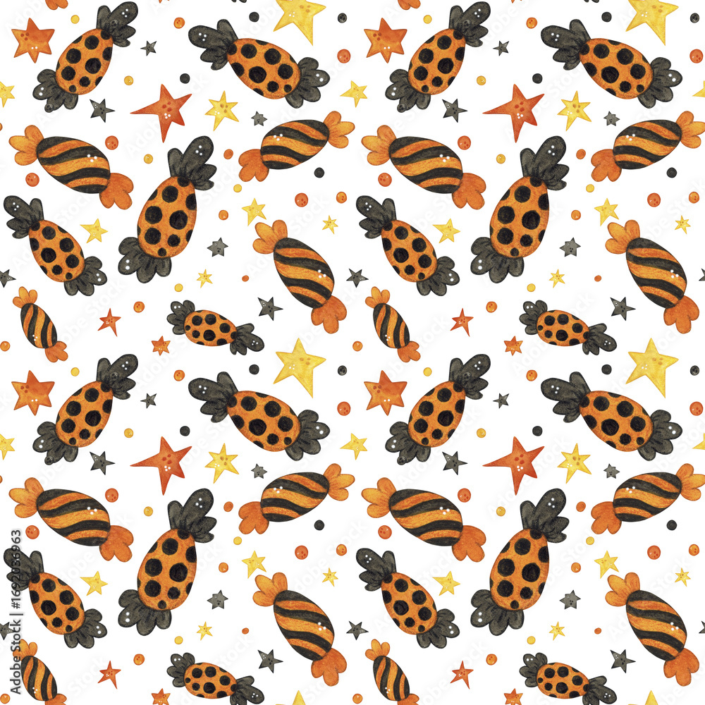 Obraz premium Seamless pattern of candies, confetti and stars yellow, orange and black. Halloween holiday. Watercolor illustration hand drawn. Drawing for paper, textile, invitations. treat, sweets, night, october