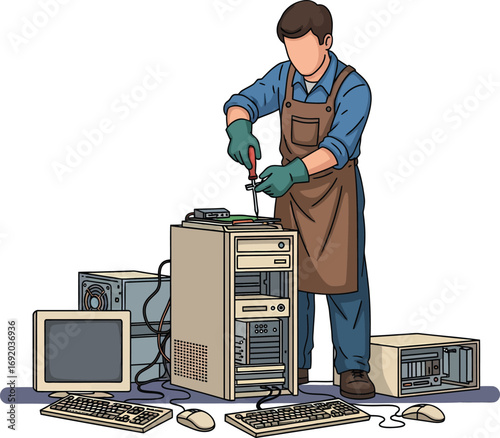 Technician repairing vintage computer tower with monitor and peripherals.