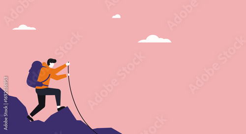 Determined person climbing a mountain with a backpack, symbolizing ambition, challenge, and achieving goals. Ideal for business, travel, and lifestyle concepts.