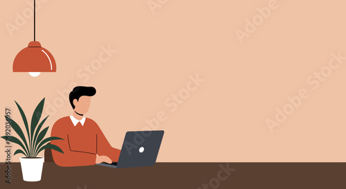 Person working diligently on a laptop at a modern desk. Ideal for concepts of remote work, productivity, home office, online education, or digital communication.