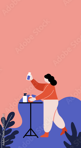 Woman in a modern flat illustration examines a product bottle on a table, representing self-care, beauty, or daily health routines. Ideal for lifestyle, wellness, or cosmetic themes.