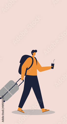Stylish man with luggage and coffee cup, ready for travel or daily commute. Ideal for modern lifestyle, business trips, and leisure.