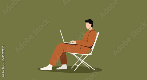 Person in comfortable attire working on a laptop while sitting on a chair, illustrating remote work, productivity, or relaxed digital lifestyle.