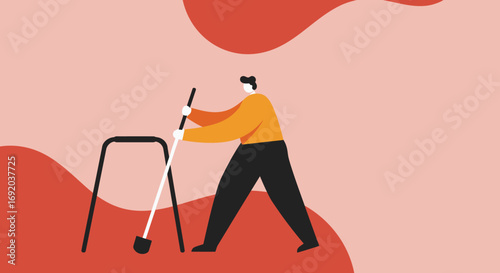 Stylized illustration of a man using a shovel next to a simplified frame, representing hard work, gardening, or a construction project. Ideal for themes of effort, progress, and development.