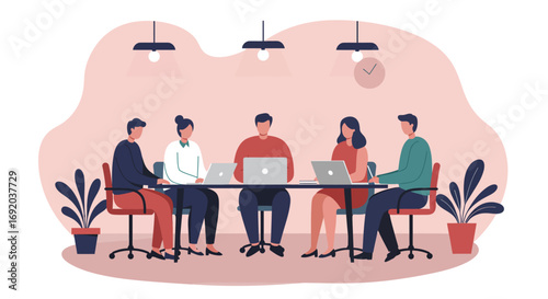 Team of professionals collaborating in a modern office, utilizing laptops for productivity and teamwork. Ideal for business, corporate, and technology themes.