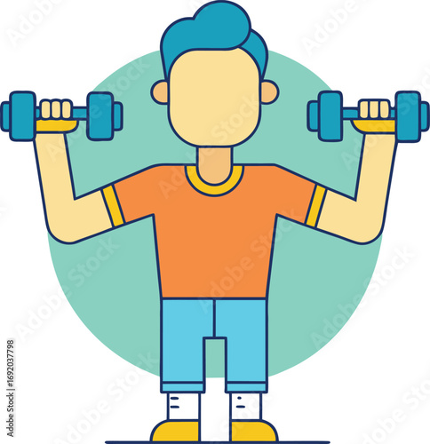 Cartoon man lifting dumbbells for a fitness workout