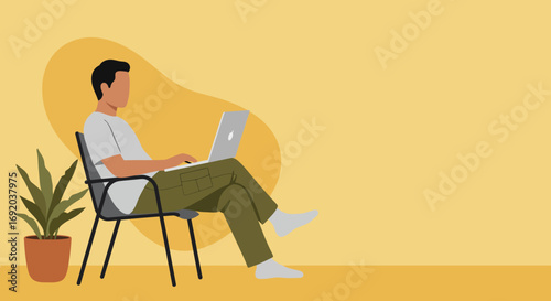 Man working on a laptop from home, embodying remote work and freelance lifestyle. Ideal for business, technology, and modern living concepts.
