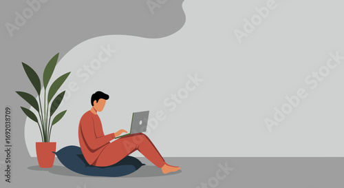 A man comfortably works from home on his laptop, embodying remote productivity, online connection, and a relaxed lifestyle. Perfect for modern work concepts.