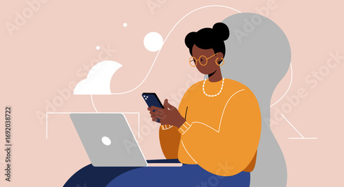 Black woman engaging with a smartphone and laptop, illustrating modern digital connectivity, remote work, or online learning. Ideal for technology, business, or lifestyle concepts.