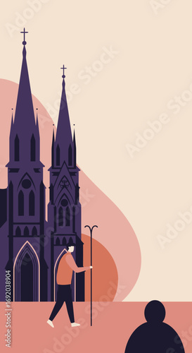 Man with a staff walks past a majestic Gothic cathedral, symbolizing a spiritual journey, pilgrimage, faith, or travel to historic religious sites.