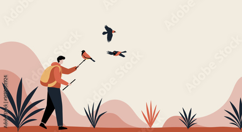 A minimalist illustration of a person birdwatching in a serene natural landscape, connecting with wildlife. Represents outdoor hobbies, exploration, and tranquility.