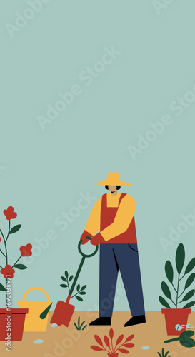 Gardener in a hat and overalls plants a sapling with a shovel, surrounded by potted plants and flowers. Depicts gardening, growth, and nature care. Perfect for lifestyle and environmental content.