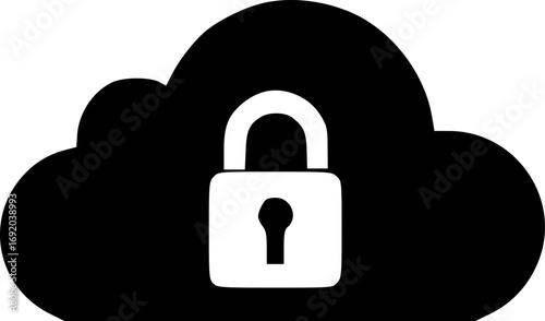 Cloud security illustration in black and white showing technology data protection abstract modern minimalist design for web digital and cyber usage