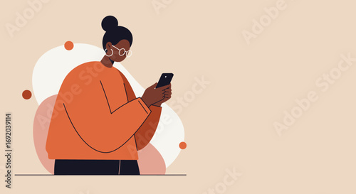 Modern woman focused on her smartphone, engaging with digital content. Illustrates online communication, social media, and technology in everyday life or business.