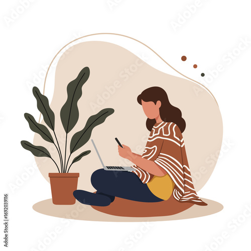 Woman working remotely from home using a laptop and smartphone, illustrating a modern, flexible, and productive lifestyle. Ideal for business, technology, and wellness themes.