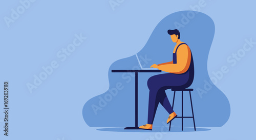 Vector illustration of a casual professional working on a laptop at a high table. Perfect for themes of remote work, technology, and contemporary business.