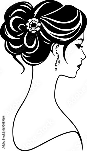 Elegant Bride Hairstyle Monochrome Wedding Illustration Black and White Stylish Bridal Hair Design