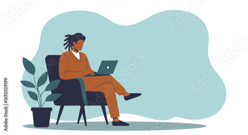Person with dreadlocks working remotely on a laptop in a comfortable armchair at home. Ideal for concepts of productivity, digital nomadism, or online learning.