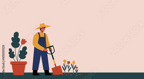 Person gardening, planting flowers with a shovel. Represents hobby, lifestyle, nature connection, and growth. Ideal for spring, agriculture, or home care.