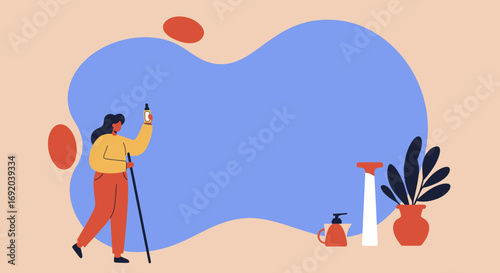 Modern illustration of a woman holding a dropper bottle, symbolizing natural wellness, beauty, and self-care routines. Perfect for lifestyle and health concepts.