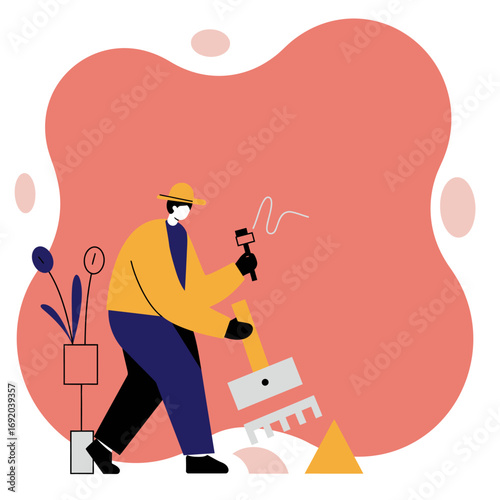 Stylized illustration of a gardener working with a rake and a hand tool, tending to plants. Represents home gardening, landscaping, and outdoor work.