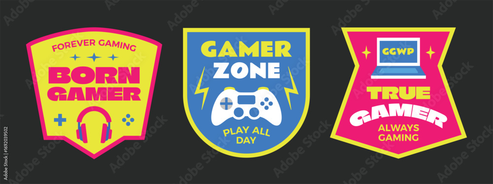 Fototapeta premium Gamer stickers and badges collection. Motivational video game quote. Gamer zone, pro gamer, go gamer.