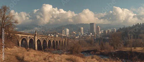 Panel kuchenny z motywem Cityscape panorama with an old stone arch bridge