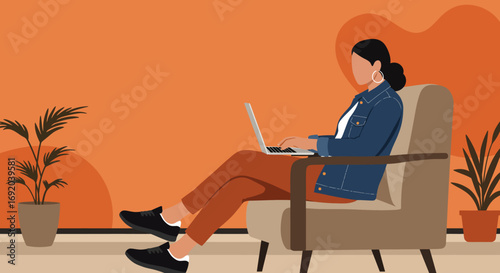 Casual woman comfortably working on her laptop in a cozy home setting, representing modern work-life balance and online connectivity.