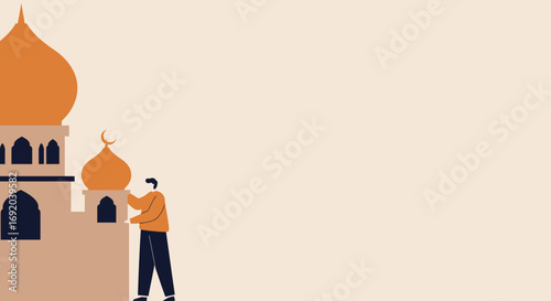 Illustration of a man interacting with a mosque, symbolizing Islamic faith, community, and celebration. Ideal for religious holidays like Ramadan or Eid.