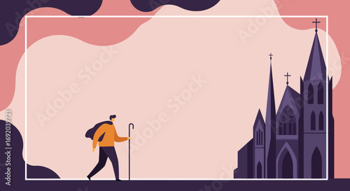 Person on a spiritual journey walking towards a grand gothic church. Represents faith, pilgrimage, travel, and historical exploration. Ideal for religious, cultural, or travel themes.