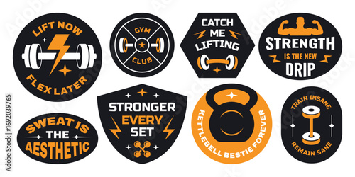 Gym and fitness stickers, patchs, badges collection. Sports training with motivational quote gen z style.