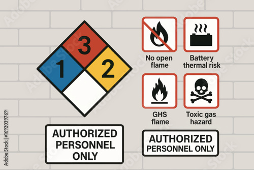 Vector safety diagram with hazard diamond and multiple icons for battery storage, thermal risk, and toxic gas, clean scalable layout.