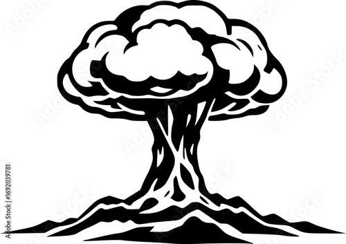 Nuclear mushroom cloud black and white monochrome illustration of a massive atomic explosion with smoke and fire rising into the sky creating a dramatic and powerful apocalyptic scene for graphic desi