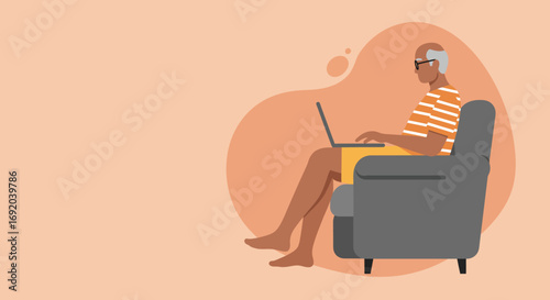 Senior man comfortably using a laptop in an armchair, representing digital literacy, remote work, or leisure in modern retirement.