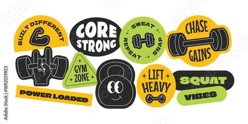 Gym and fitness stickers, patchs, badges collection. Sports training with motivational quote gen z style.