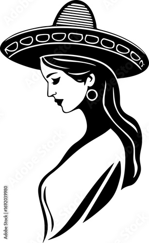 Monochrome black and white sombrero woman illustration elegant female portrait vector art design minimalistic style cultural fashion accessory traditional mexican hat woman face sketch drawing artisti