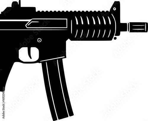 Detailed submachine gun monochrome black and white vector illustration minimalist sleek military weapon firearm tactical combat artwork design graphic art print digital stock image weaponry army warfa