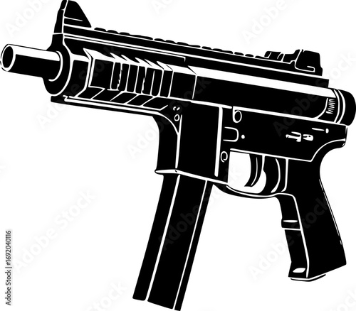 Detailed submachine gun monochrome black and white vector illustration minimalist sleek military weapon firearm tactical combat artwork design graphic art print digital stock image weaponry army warfa
