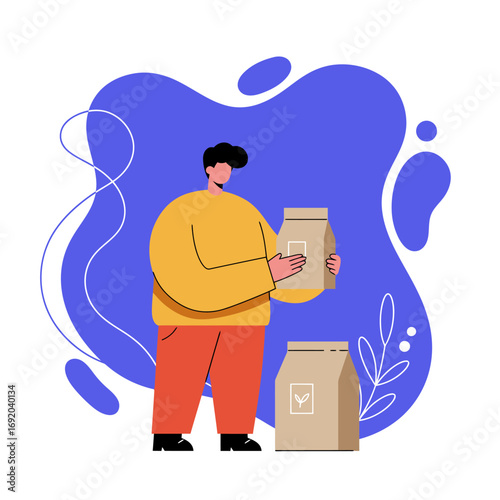 Man holding a brown paper package, representing eco-friendly delivery, online order fulfillment, and modern consumer shopping.