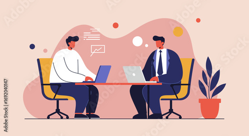 Two diverse businessmen collaborate on laptops at a table, discussing projects and strategy in a modern office setting. Ideal for business, teamwork, and digital work concepts.