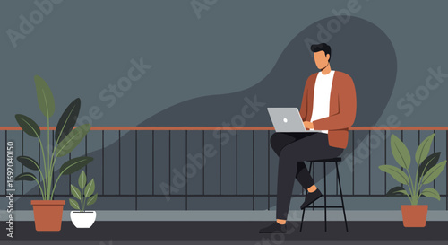 A focused man works on his laptop outdoors on a modern balcony surrounded by green plants, representing remote work, productivity, and a relaxed lifestyle.