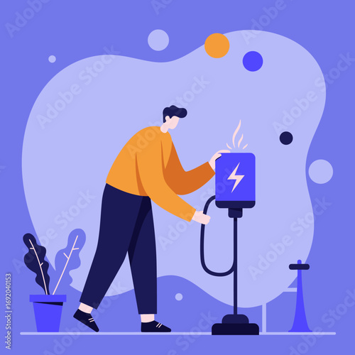 Man interacts with a futuristic energy charging station, symbolizing technological innovation, sustainable power solutions, and progress for business and the environment.