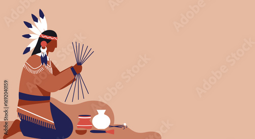 Indigenous person in traditional attire crafting with natural materials and pottery, symbolizing cultural heritage and handmade skills. Ideal for educational or cultural themes.