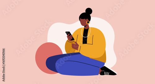 Stylish woman sitting casually, absorbed in her smartphone. Represents digital communication, social media, and online connectivity in a modern lifestyle.