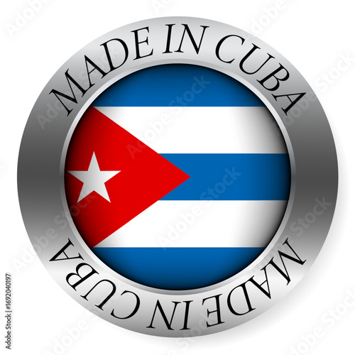 Made in Cuba button icon. Circular emblem with metallic border, glossy central flag, and bilingual label indicating product origin and international manufacturing identity.